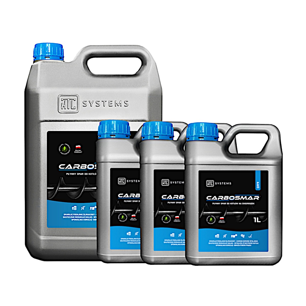 Cztery szare kanistry z niebieskimi nakrętkami, etykiety z napisem CARBO! i CARBO SMAR, przeznaczone do smarowania kotłów, w różnych rozmiarach.
