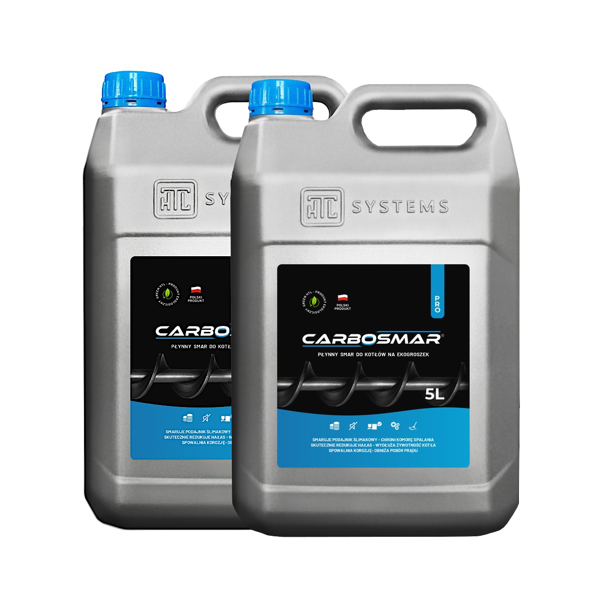 Dwa szare kanistry z płynnym smarem do kotłów na ekogroszek, z niebieskimi zakrętkami, marki Carbosmar i napisem 'Polski produkt'.