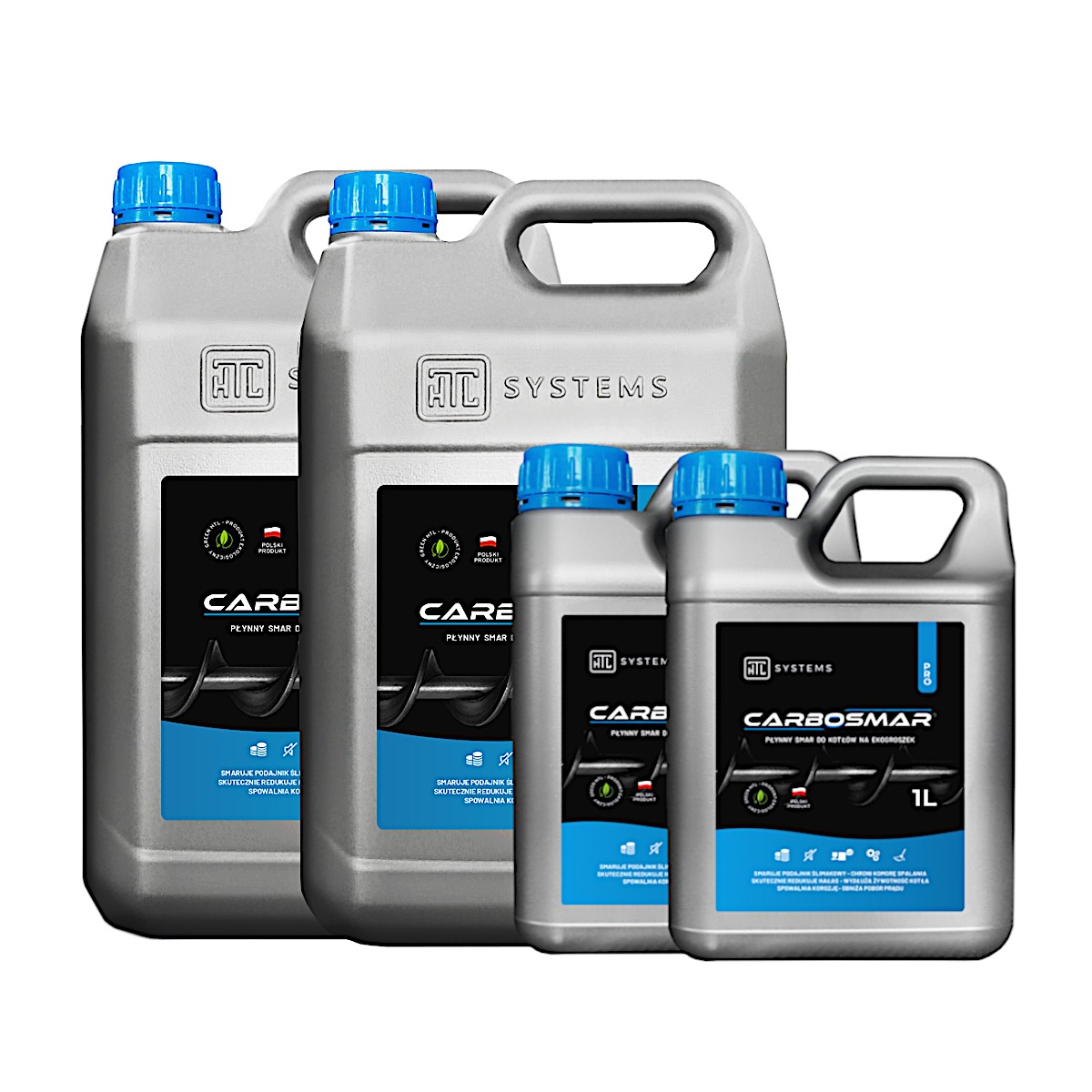 Cztery plastikowe kanistry z płynnym smarem do podajników ślimakowych i kotłów na ekogroszek, marki ATC Systems, w różnych rozmiarach, z niebieskimi nakrętkami, ustawione na białym tle.