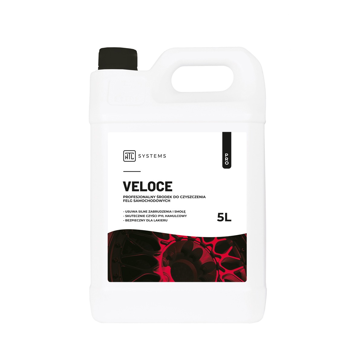 Biały kanister z czarną nakrętką, etykietą informującą o profesjonalnym środku do czyszczenia felg samochodowych Veloce, z grafiką felgi w kolorze czerwonym na dole.