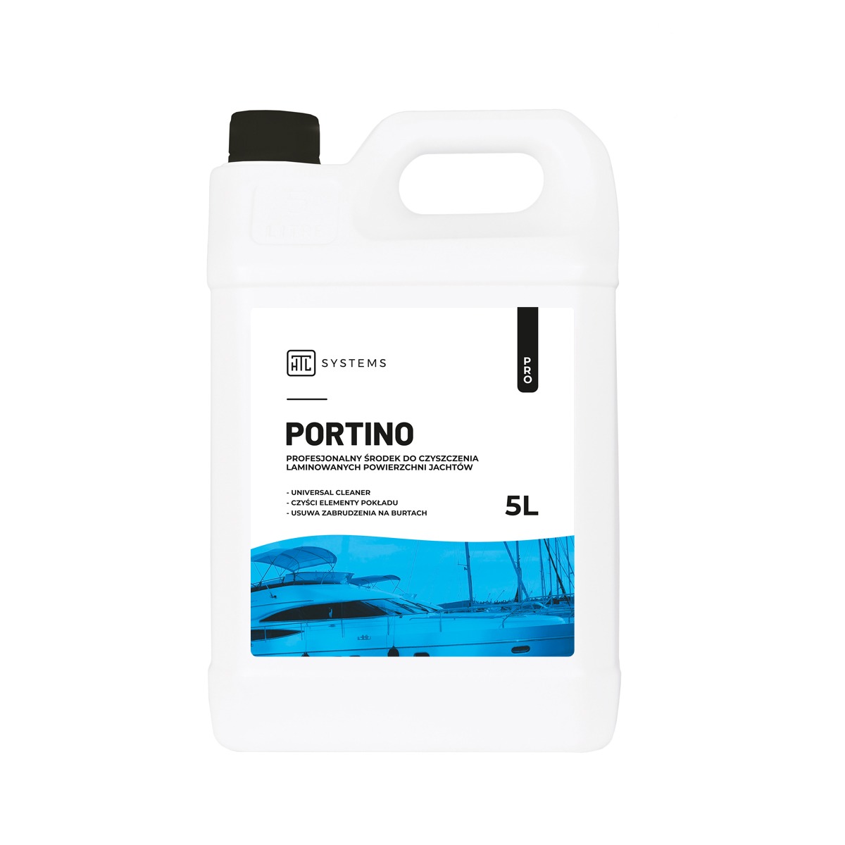 Biały kanister 5L z czarną zakrętką, etykietą Portino do czyszczenia laminowanych powierzchni jachtów, widoczne logo producenta HTC Systems i grafika przedstawiająca jacht.