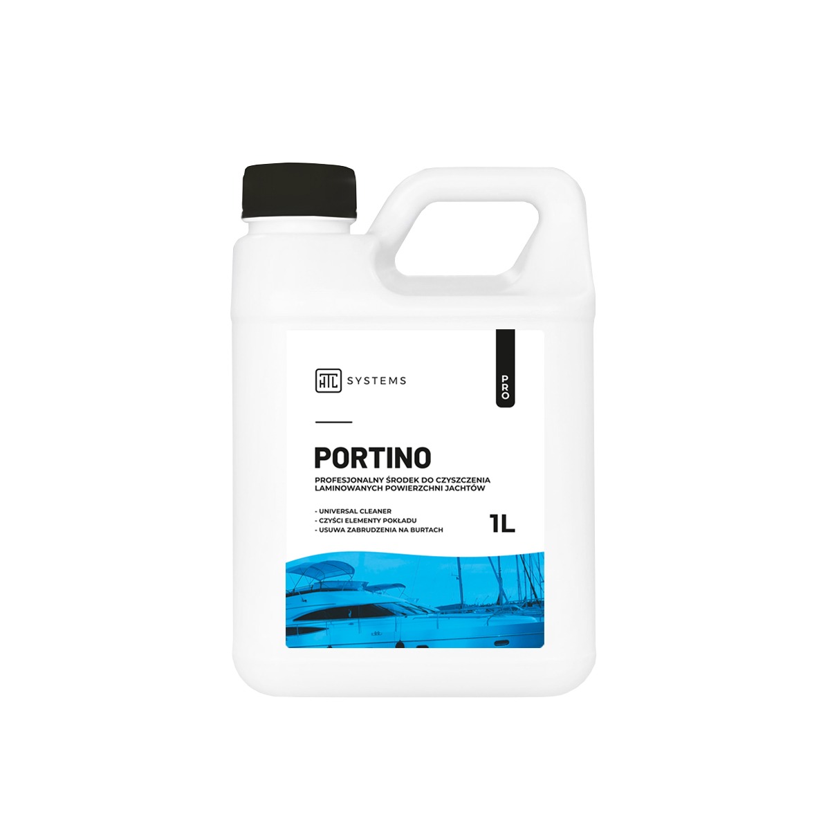 Plastikowa butelka 1L z białym płynem czyszczącym Portino, przeznaczonym do laminowanych powierzchni jachtów, z etykietą prezentującą zdjęcie jachtu.