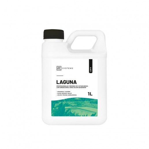 Biały kanister z czarną nakrętką, etykieta z nazwą 'Laguna', profesjonalny środek do czyszczenia linii brzegowej i ścian basenów, pojemność 1 litr, logo producenta HIC Systems.