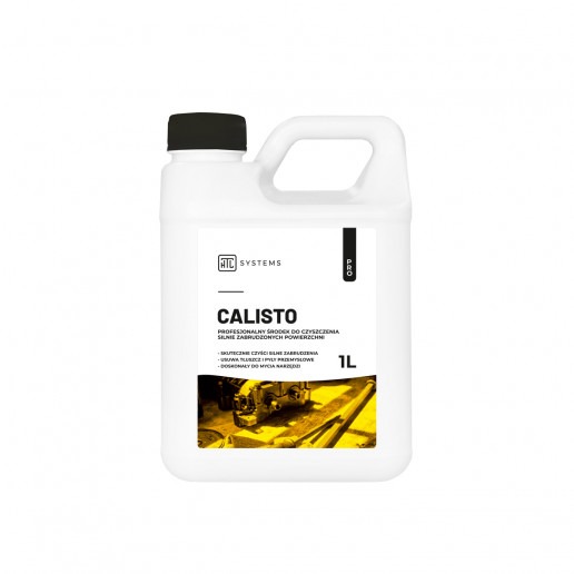 Biały kanister z uchwytem zawierający profesjonalny środek czyszczący Calisto, etykieta z informacjami o produkcie, w tle ilustracja czyszczonej maszyny.