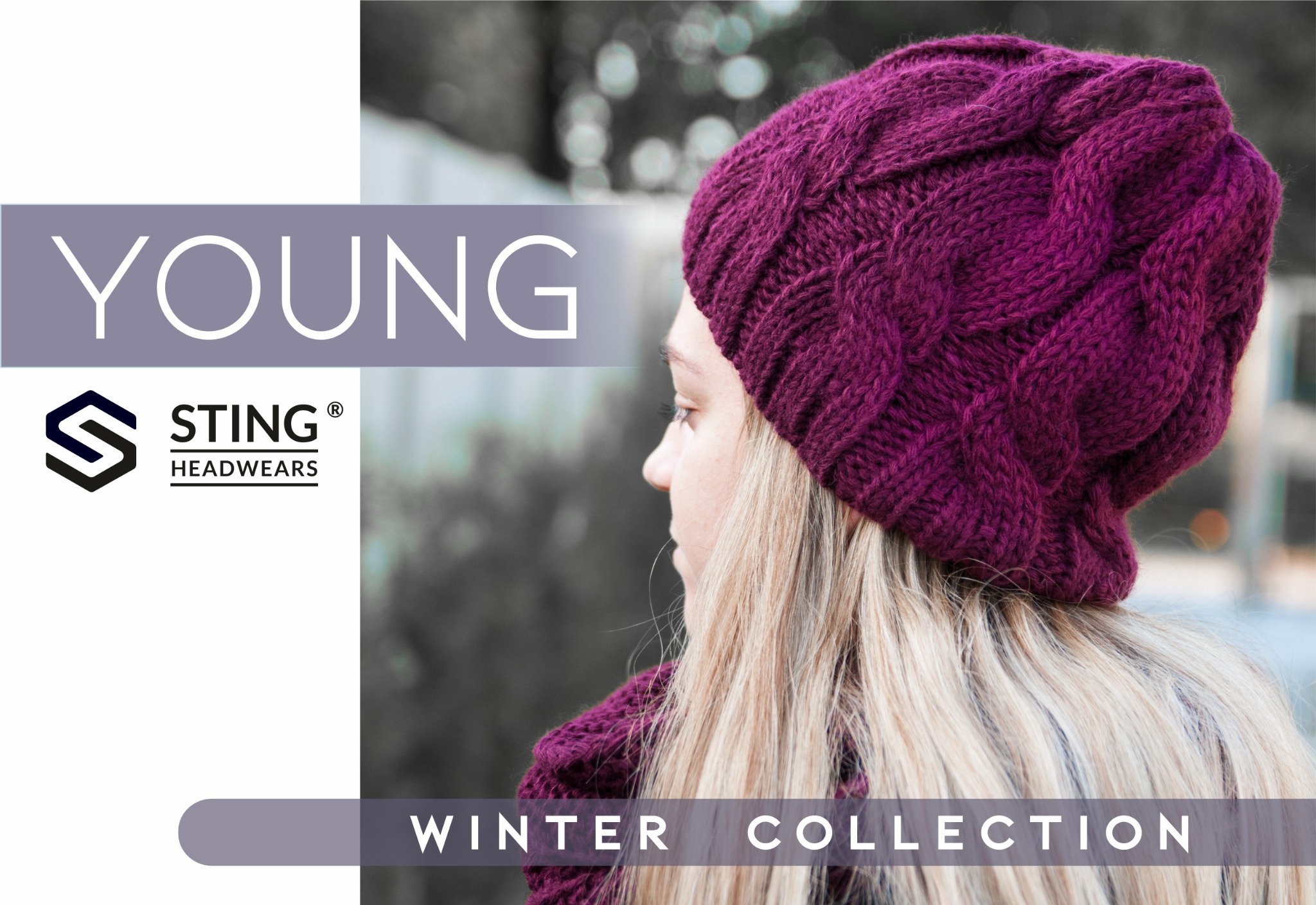 Profil kobiety z blond włosami, ubrana w fioletową, dzierganą czapkę i szalik z warkoczowym splotem, prezentacja kolekcji zimowej.