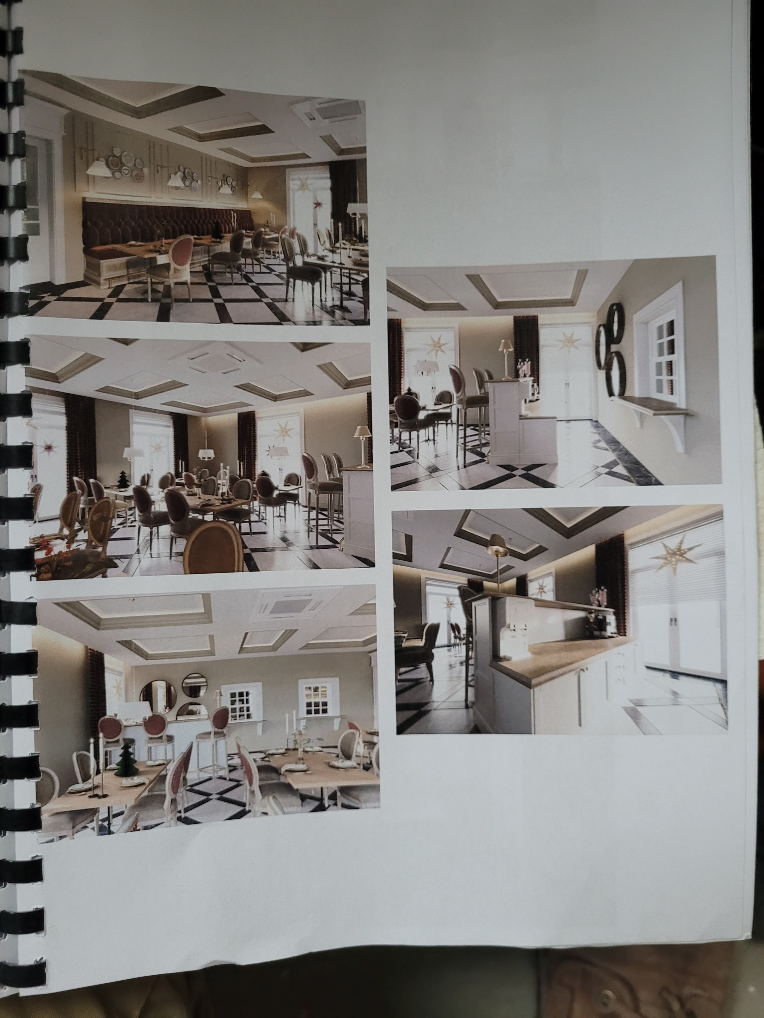 Kolaż wizualizacji wnętrz restauracji z eleganckimi meblami, dekoracyjnym oświetleniem i wzorzystą podłogą.