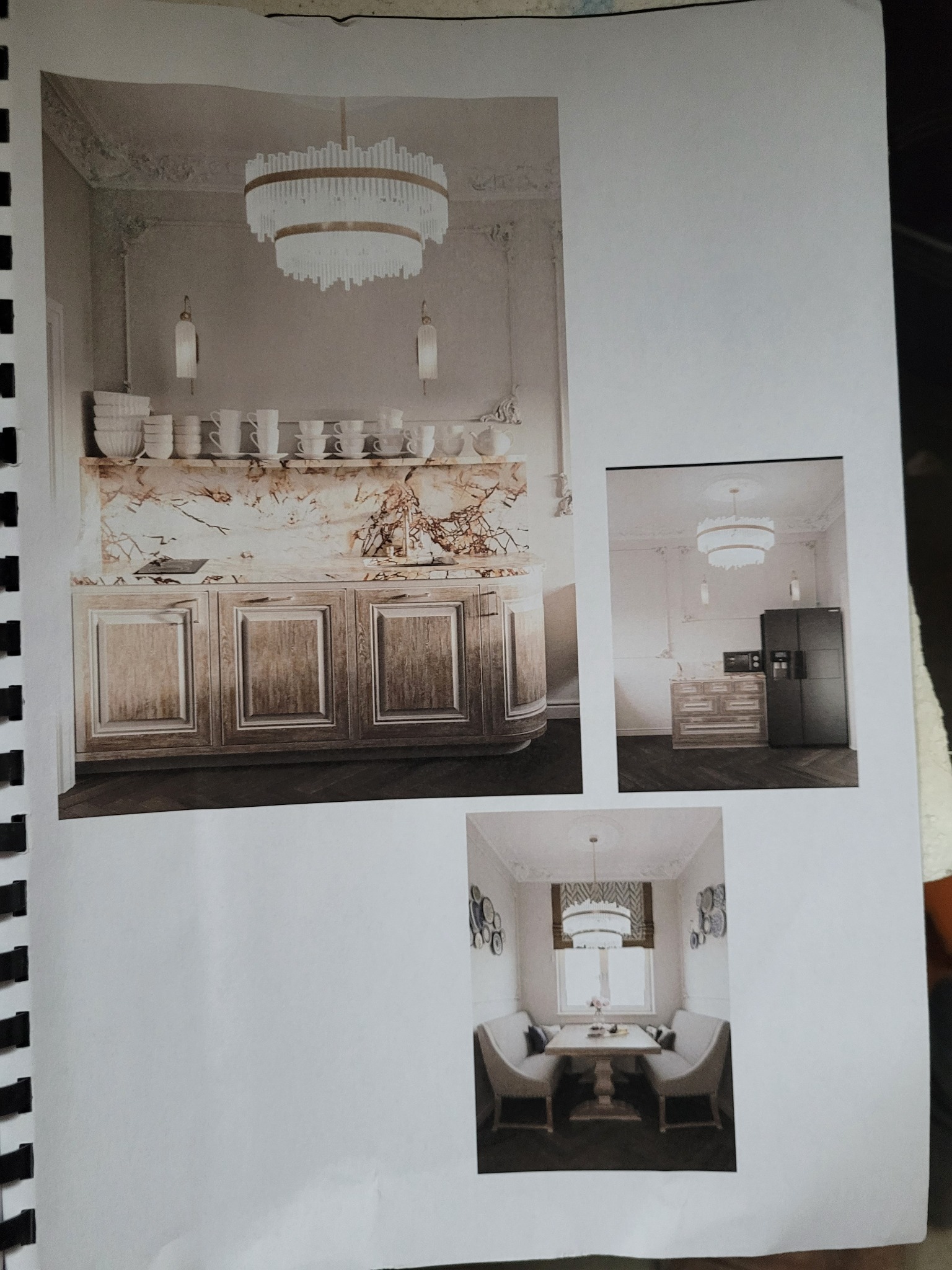 Kolaż trzech zdjęć przedstawiających wnętrza: klasyczna szafka z marmurowym blatem i dekoracyjnym oświetleniem, kuchnia z czarną lodówką i drewnianą zabudową, oraz jadalnia z narożną kanapą...