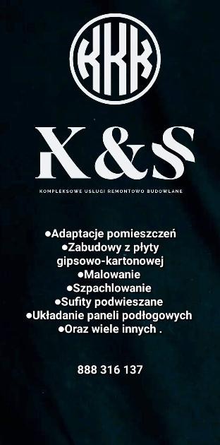 Logo firmy remontowo-budowlanej X&S z listą oferowanych usług, w tym adaptacje pomieszczeń, zabudowy z płyt gipsowo-kartonowych, malowanie, szpachlowanie, sufity podwieszane, układanie paneli...