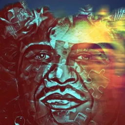 Abstrakcyjny portret mężczyzny z elementami puzzli i efektem rozmycia w ciepłych barwach.