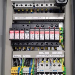 Rozdzielnica elektryczna z zabezpieczeniami AC i DC, zawierająca różnicówkę, ograniczniki przepięć i wyłączniki nadprądowe, z okablowaniem w kolorach niebieskim, żółto-zielonym i czarnym,...