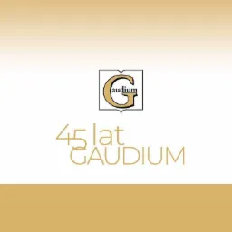 Grafika z logo firmy Gaudium, świętującej 45-lecie istnienia, na białym tle z delikatnymi złotymi pasami.