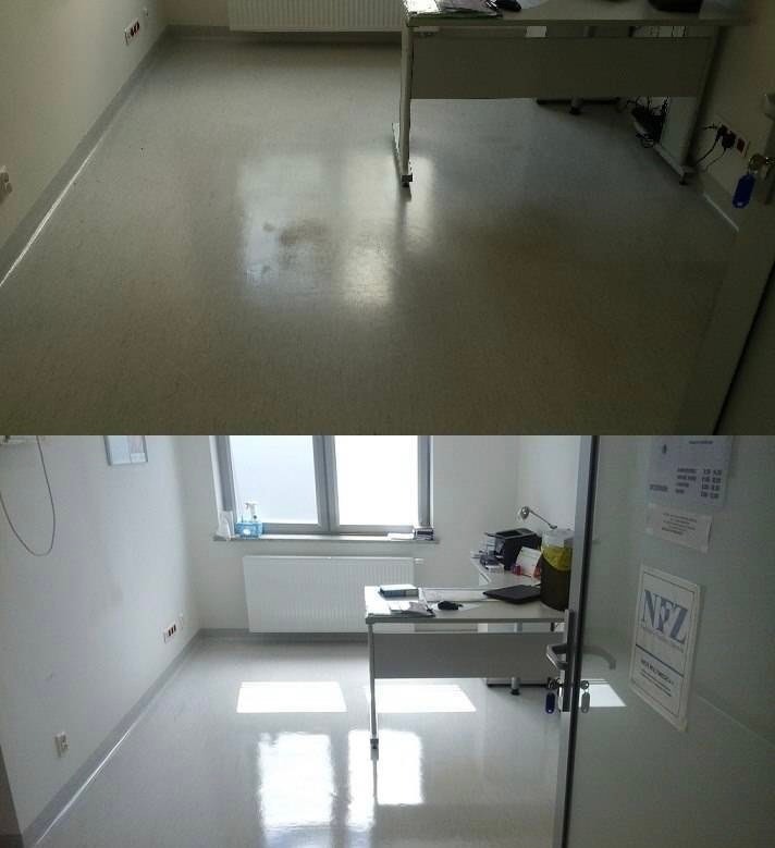 Porównanie podłogi w biurze przed i po czyszczeniu, widoczna różnica w połysku i usunięciu plam.