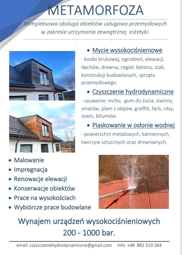 Grafika reklamowa firmy Metamorfoza oferującej kompleksową obsługę obiektów usługowo-przemysłowych, w tym mycie wysokociśnieniowe, czyszczenie hydrodynamiczne, piaskowanie w osłonie wodnej...