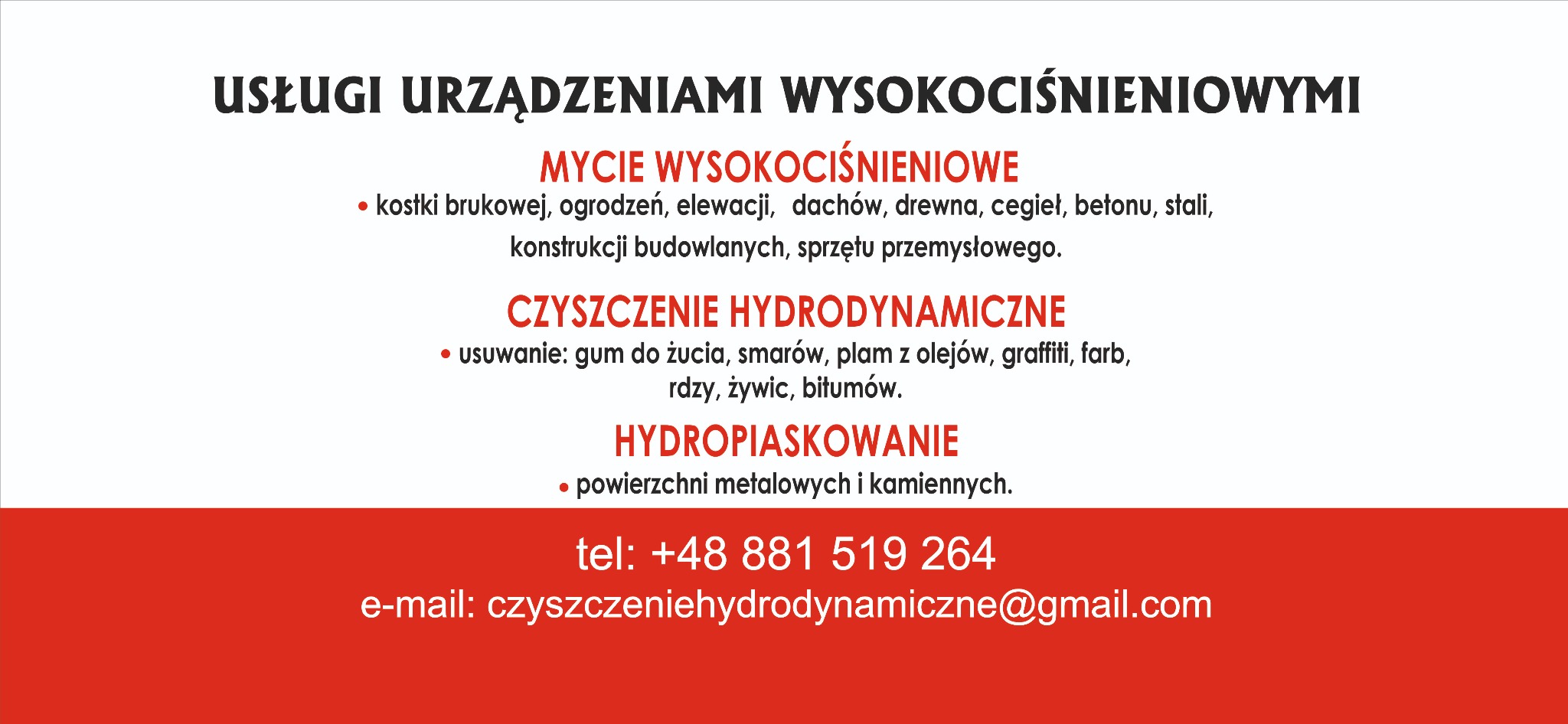 Plakat reklamowy firmy oferującej usługi czyszczenia hydrodynamicznego, w tym mycie wysokociśnieniowe i hydropiaskowanie, z podanym numerem telefonu i adresem e-mail.