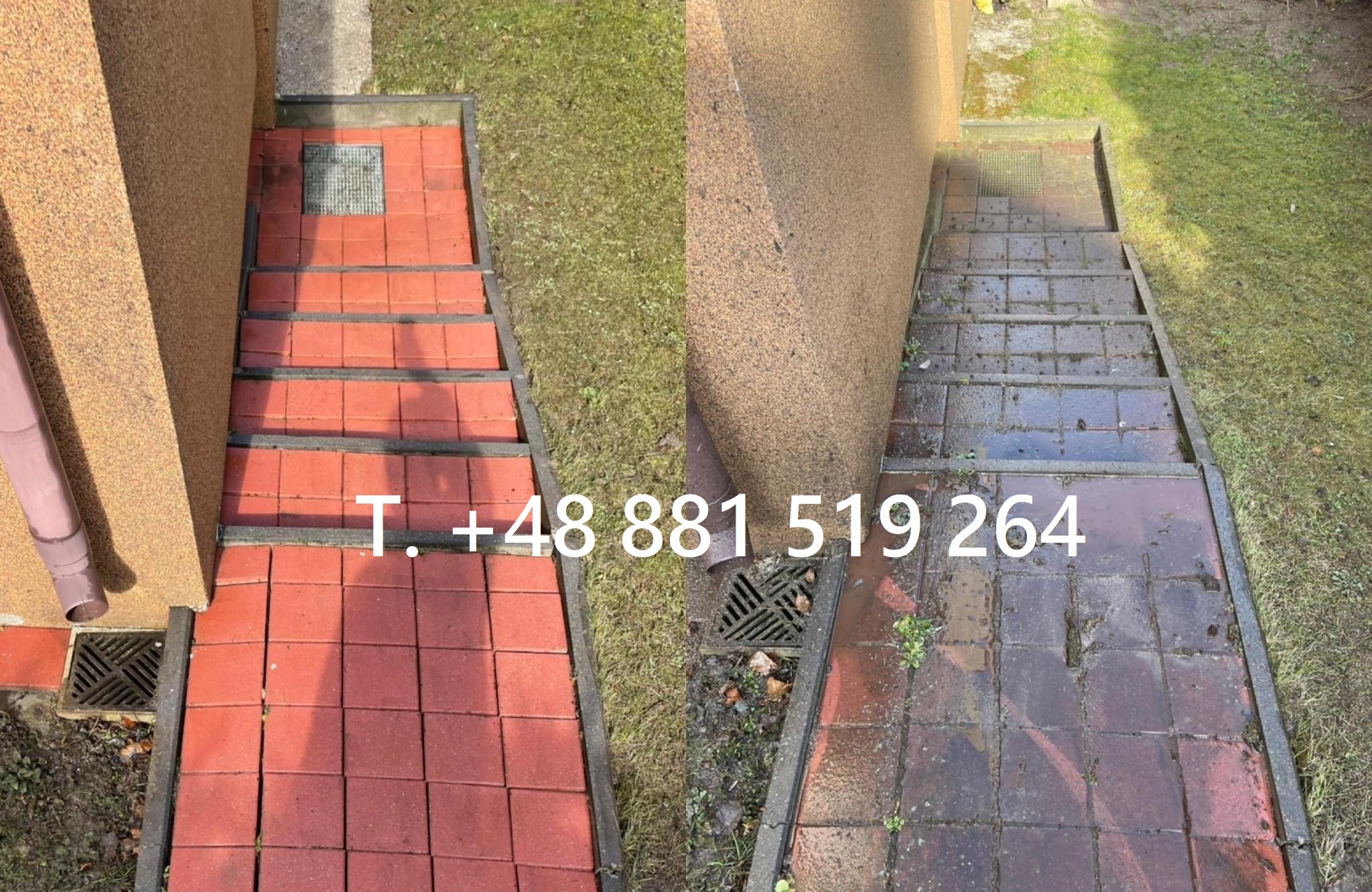 Porównanie stanu kostki brukowej na schodach przed i po czyszczeniu, widoczne różnice w kolorze i czystości, zieleń trawy w tle.