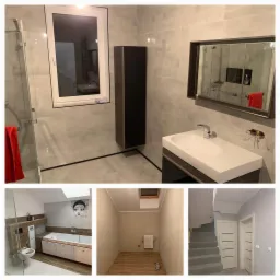 Kompozycja zdjęć przedstawiająca wykończone wnętrza: łazienka z szarymi płytkami, kabiną prysznicową i umywalką, łazienka z wanną obudowaną szafkami i toaletą, puste pomieszczenie z drewnianą...