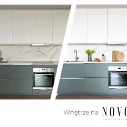 Porównanie kuchni przed i po: po lewej puste blaty, po prawej dekoracje, takie jak tulipany w wazonie, deski do krojenia i przyprawy, podkreślające różnicę w prezentacji.