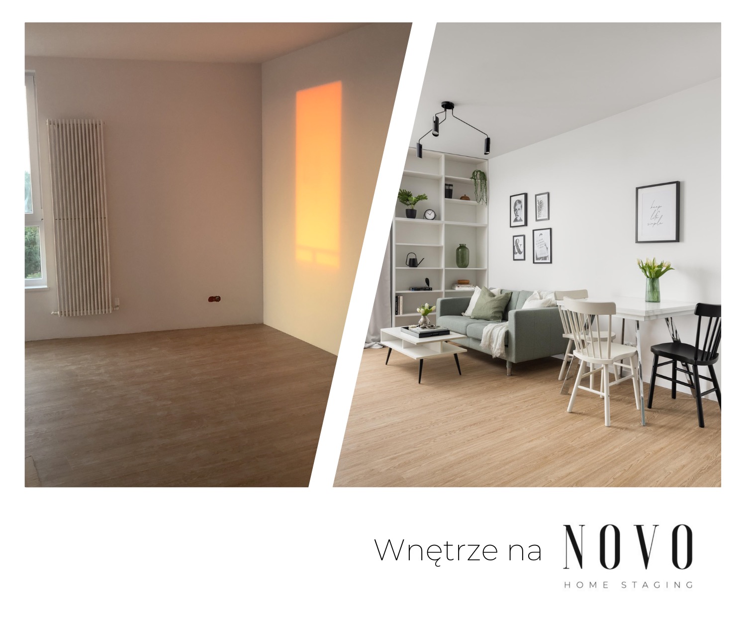 Porównanie pokoju przed i po: puste pomieszczenie z grzejnikiem i pomarańczowym refleksem światła obok nowocześnie urządzonego salonu z szarą sofą, białym regałem i stołem z krzesłami.