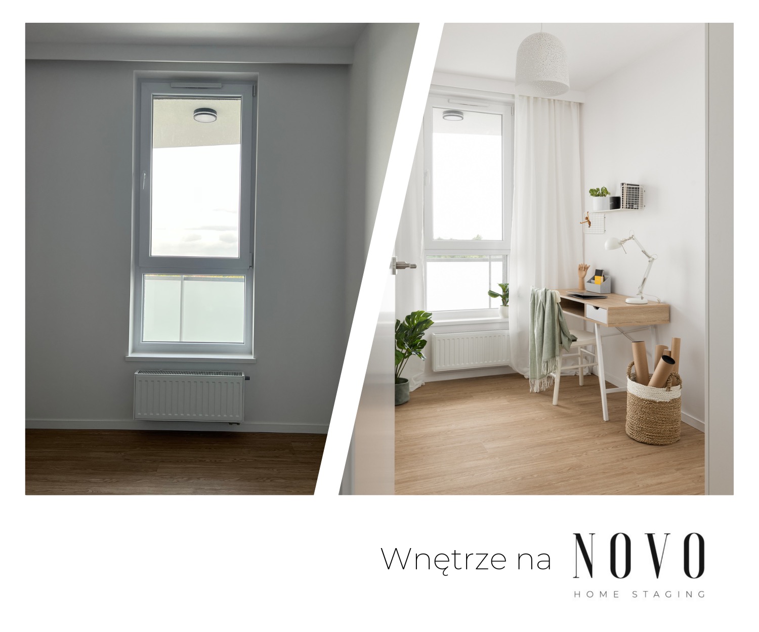Porównanie pokoju przed i po: puste wnętrze z grzejnikiem pod oknem kontra jasny pokój z biurkiem, lampką, roślinami i dekoracjami w stylu skandynawskim.