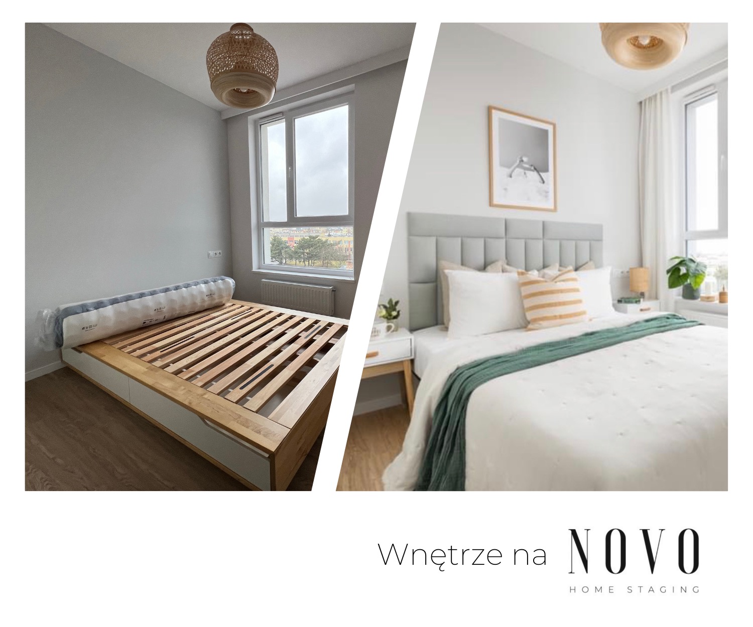 Pokój przed i po: łóżko z ramą i materacem w folii kontra gotowa sypialnia z szarym zagłówkiem, białą pościelą i zielonym pledem. Lampa z wikliny w obu ujęciach.