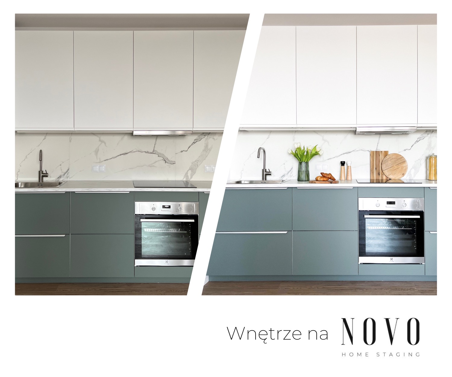 Porównanie kuchni przed i po: po lewej puste blaty, po prawej dekoracje, takie jak tulipany w wazonie, deski do krojenia i przyprawy, podkreślające różnicę w prezentacji.