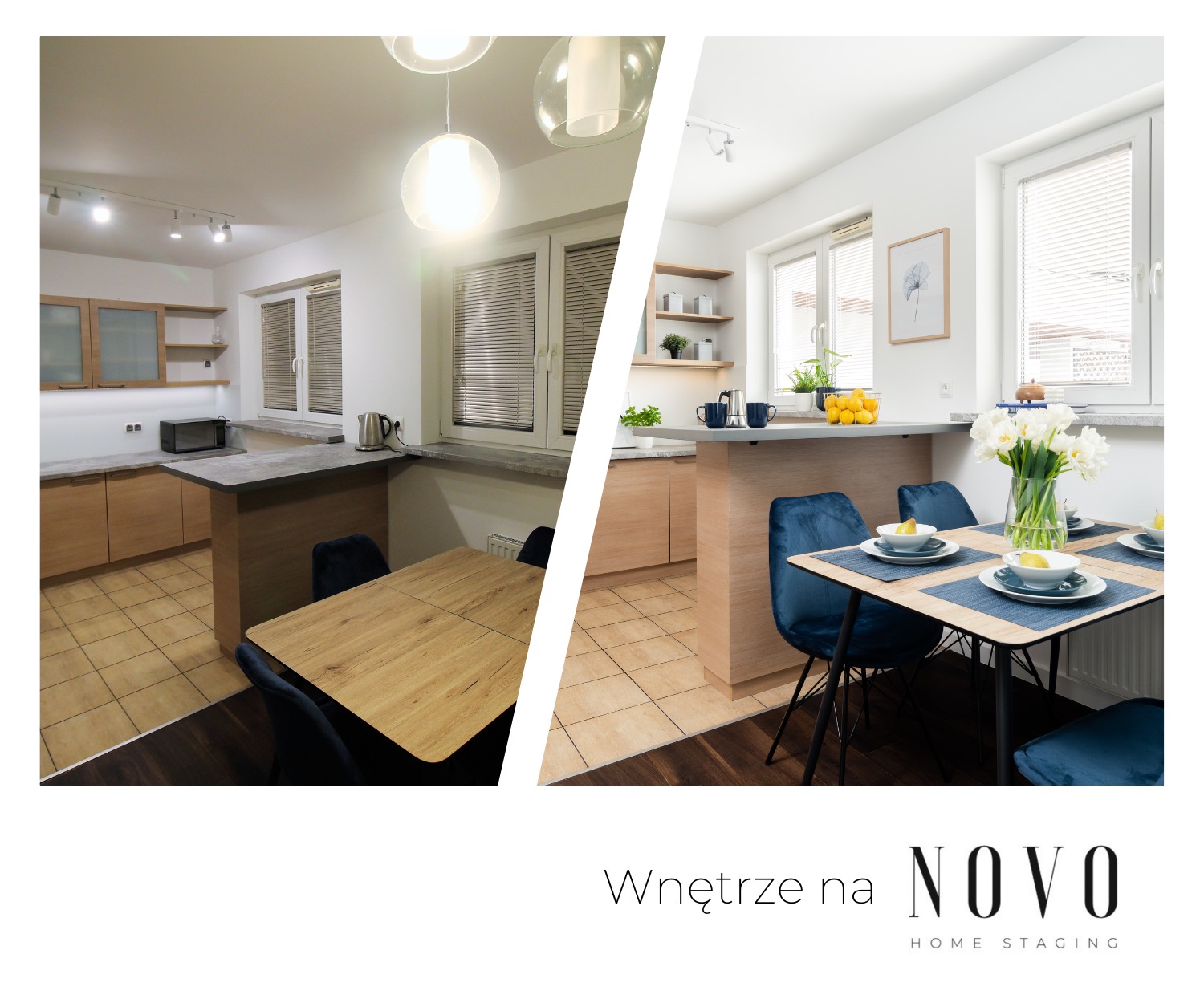 Porównanie kuchni przed i po: po lewej starsza aranżacja z drewnianymi szafkami i brązową podłogą, po prawej odświeżona przestrzeń z nowoczesnym stołem, niebieskimi krzesłami i wazonem białych...