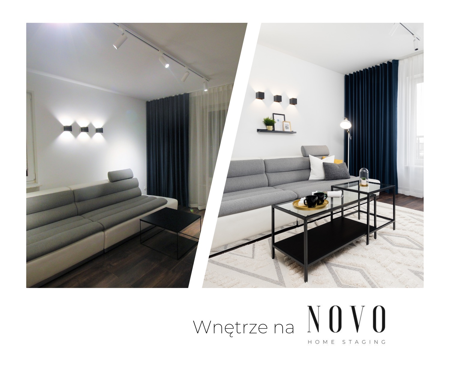 Salon podzielony na dwie części: po lewej surowy, po prawej bardziej przytulny, z szarym narożnikiem, ciemnymi zasłonami i stolikami kawowymi na dywanie.