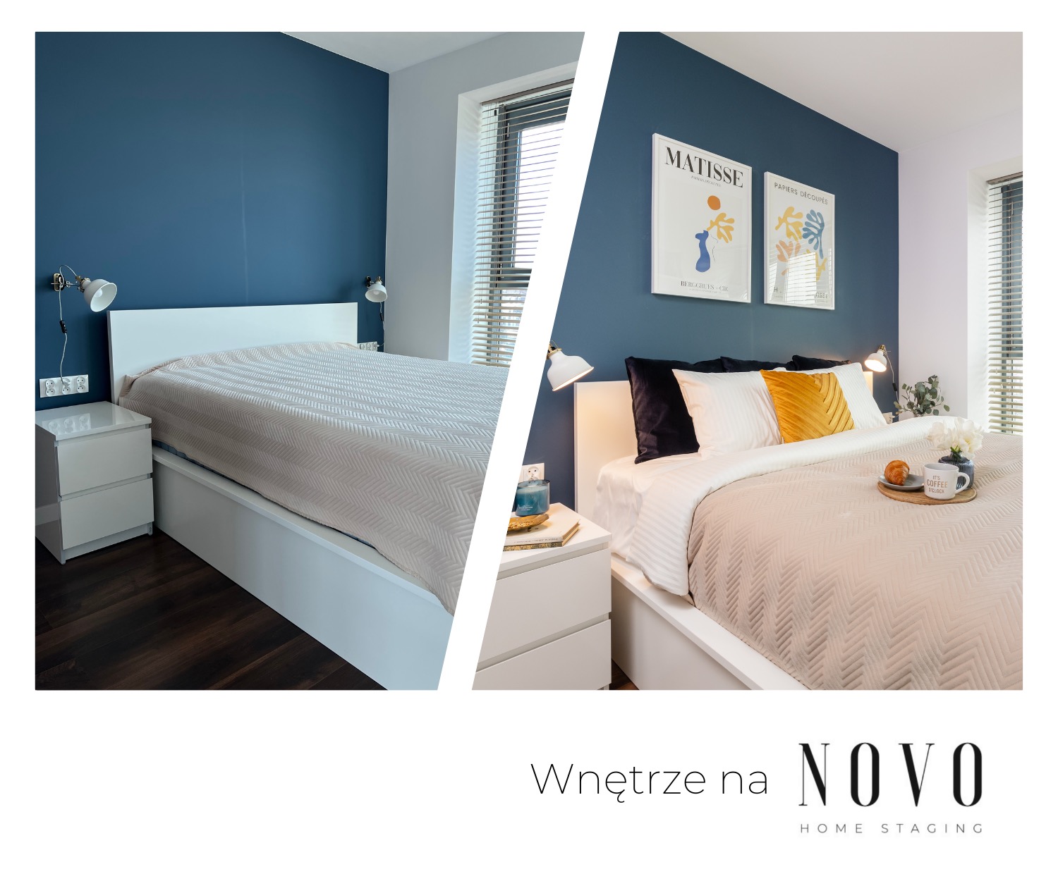 Sypialnia przed i po metamorfozie: od surowego wnętrza z niebieską ścianą i minimalistycznym łóżkiem do przytulnej aranżacji z dekoracjami, plakatami Matisse i śniadaniem na tacy.