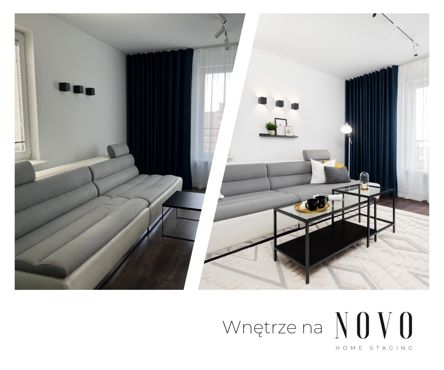 Nowoczesny salon z szarą sofą modułową, czarnymi stolikami kawowymi i granatowymi zasłonami, oświetlony punktowo oraz lampą podłogową, na podłodze kremowy dywan we wzory.