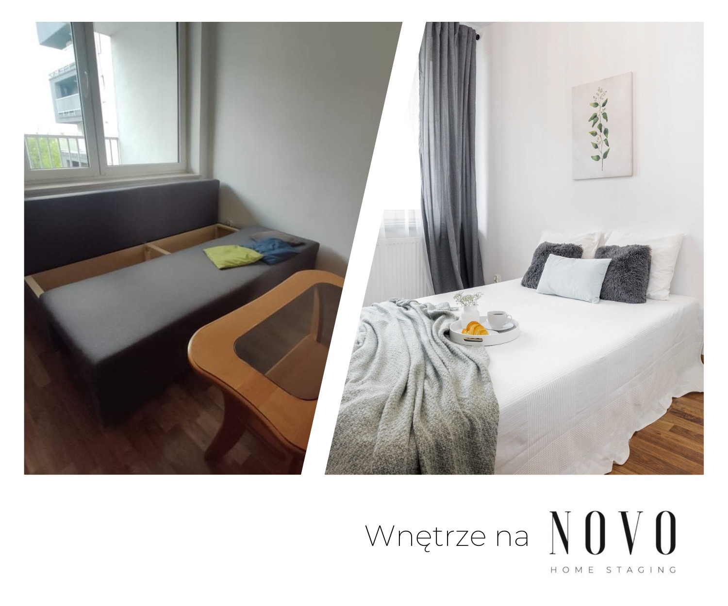 Porównanie pokoju przed i po home stagingu: po lewej szara kanapa z otwartymi schowkami i stolikiem, po prawej białe łóżko z szarą narzutą, poduszkami i tacą śniadaniową.