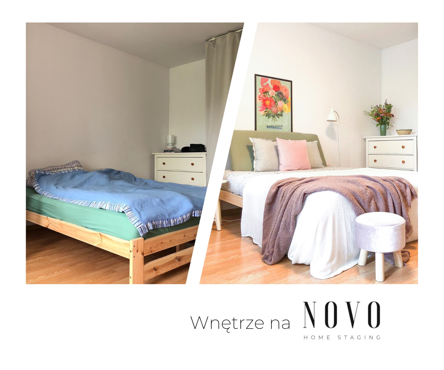 Pokój przed i po: surowe łóżko z niebieską narzutą kontra stylowa sypialnia z pastelowymi poduszkami, kwiatami i pufem.