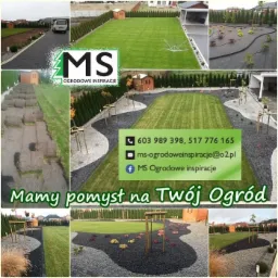 Mozaika zdjęć prezentująca etapy i efekty prac w ogrodzie: układanie trawy z rolki, zagospodarowanie przestrzeni żwirem, nasadzenia roślin, trawnik z systemem nawadniania, ścieżka z kamienia.