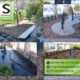 Kompozycja zdjęć ogrodu w trakcie zakładania: widok ogólny z kamiennym chodnikiem, fragment z nasadzeniami na agrowłókninie oraz zbliżenie na przygotowane rabaty wzdłuż ogrodzenia.