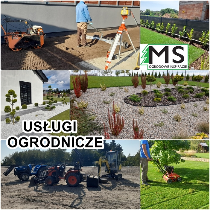 Kompozycja zdjęć przedstawiająca różne etapy prac ogrodniczych: wyrównywanie terenu, układanie trawy z rolki, aranżacja ogrodu z kamieniami ozdobnymi, sprzęt budowlany, koszenie trawy. W tle logo...