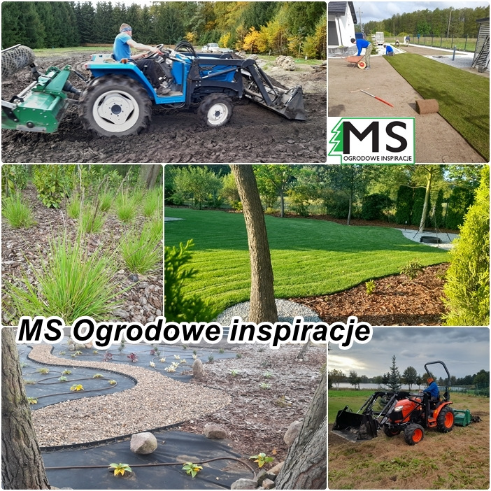 Mozaika zdjęć przedstawiająca etapy tworzenia ogrodu: przygotowanie terenu traktorem, układanie trawy z rolki, nasadzenia roślin ozdobnych oraz ścieżka z kamyków.