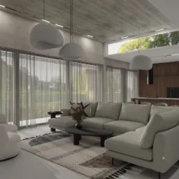 Wizualizacja przestronnego salonu z widokiem na ogród, wyposażonego w dużą, narożną sofę, okrągły stolik kawowy, dywan w geometryczne wzory, dwa obrotowe fotele i nowoczesne lampy wiszące.