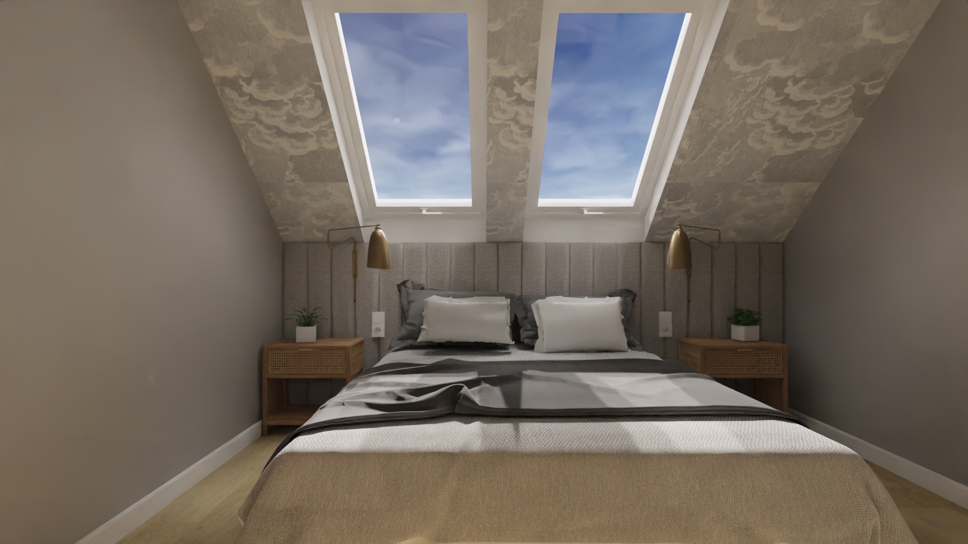 Sypialnia na poddaszu z łóżkiem, tapicerowanym wezgłowiem, dwiema lampkami nocnymi i oknami dachowymi z widokiem na błękitne niebo.