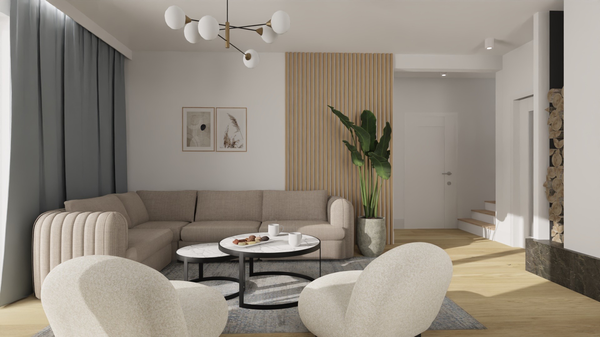 Jasny salon z narożną sofą, okrągłymi stolikami kawowymi z marmurowym blatem, dwoma fotelami o obłych kształtach, drewnianą ścianką działową i rośliną doniczkową.