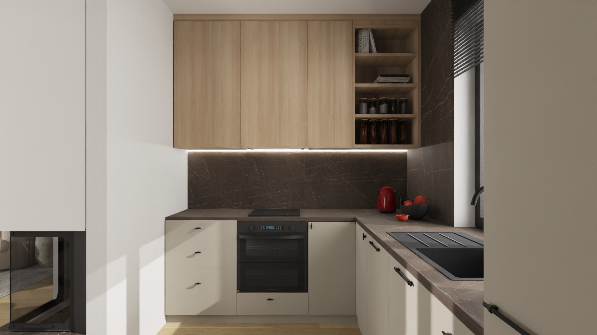 Nowoczesna kuchnia z drewnianymi szafkami wiszącymi, marmurowym backsplashiem i czarnymi akcentami, w tym zlewem i piekarnikiem, oświetlona subtelnym światłem LED pod szafkami.