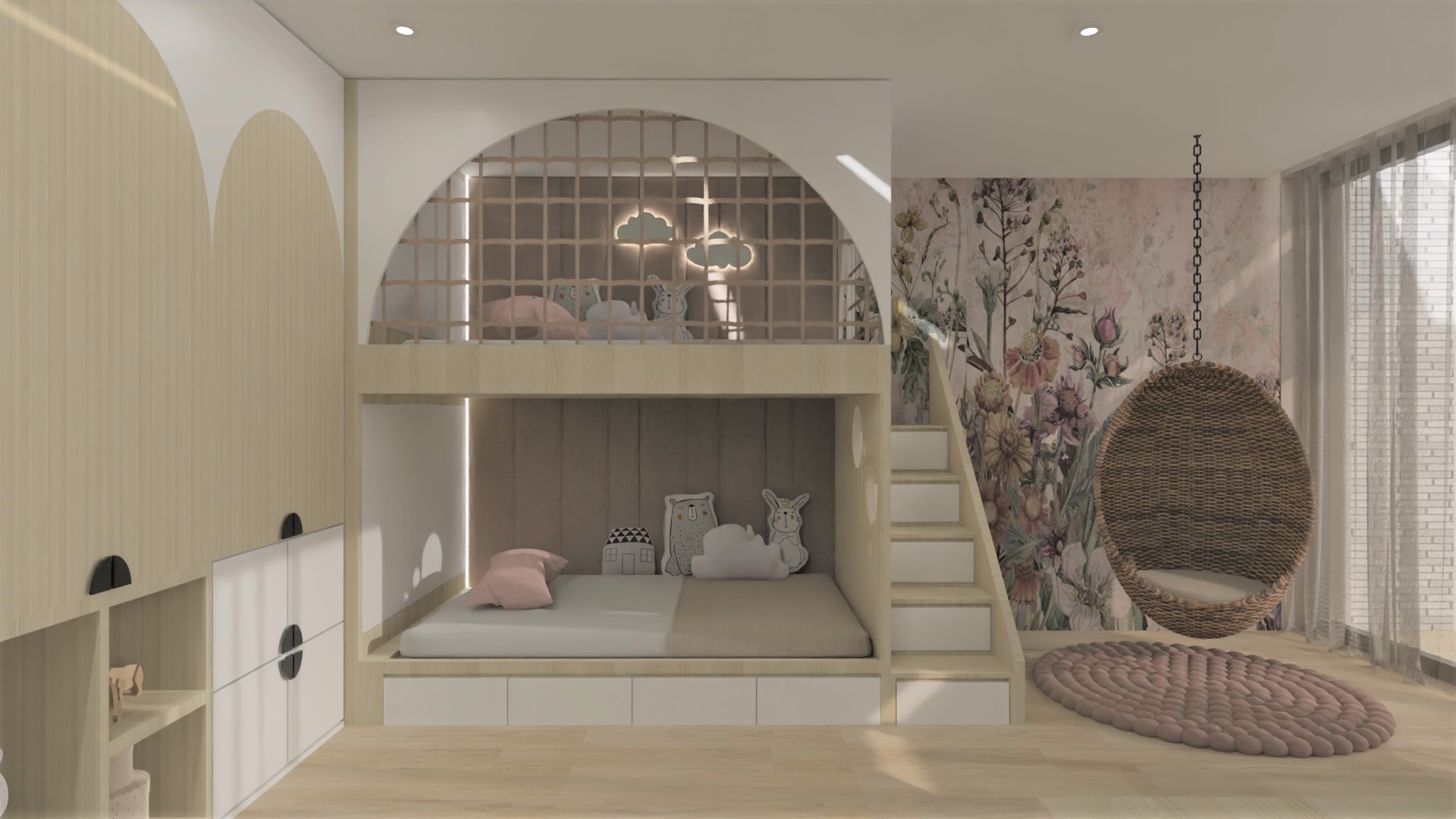 Pokój dziecięcy z łóżkiem piętrowym w zabudowie, wiszącym fotelem z rattanu i tapetą w kwiaty.