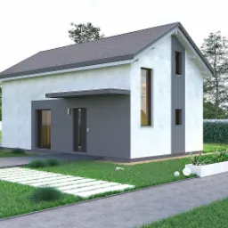 Nowoczesny dom jednorodzinny z szarą elewacją i minimalistycznym ogrodem, z białymi płytami chodnikowymi na trawniku i betonową ścieżką.