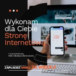Prezentacja projektu strony internetowej na smartfonie, z widocznym interfejsem edytora graficznego, na tle monitora i klawiatury, z elementami brandingu firmy oferującej usługi.