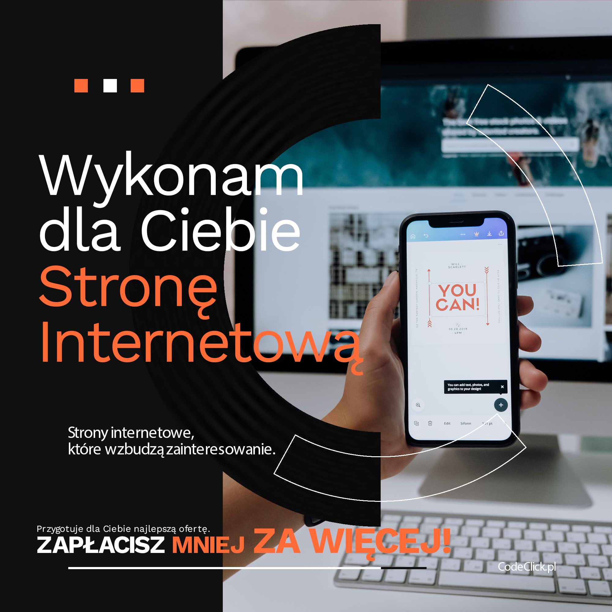Prezentacja projektu strony internetowej na smartfonie, z widocznym interfejsem edytora graficznego, na tle monitora i klawiatury, z elementami brandingu firmy oferującej usługi.