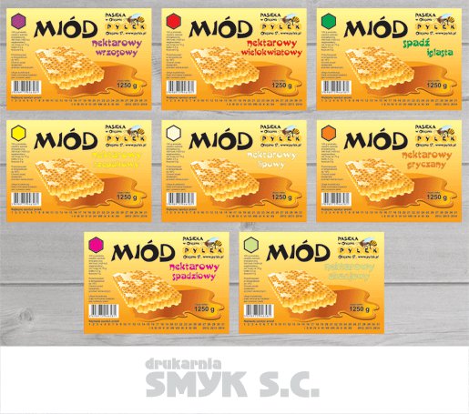 Arkusz z projektami etykiet na miód różnego rodzaju, prezentujący wizualizacje dla miodu wrzosowego, wielokwiatowego, spadzi iglastej, lipowego, gryczanego i spadziowego.