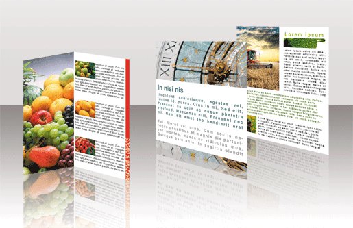 Rzut ukośny na trzy rozłożone, trójdzielne broszury reklamowe z różnymi motywami: owoce, zegar słoneczny i krajobraz rolniczy, odbijające się w błyszczącej powierzchni.