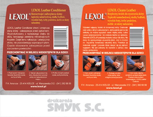 Dwie etykiety produktowe Lexol, jedna czerwona i jedna pomarańczowa, z informacjami o konserwacji i czyszczeniu skóry, instrukcjami użytkowania i kodami kreskowymi, u dołu widoczne logo drukarni...
