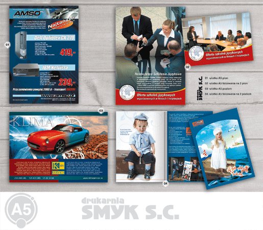 Zestaw różnorodnych materiałów reklamowych, w tym ulotki A5 z ofertą szkoleń językowych, sprzętu komputerowego i usług klimatyzacyjnych, ułożonych na drewnianym tle.