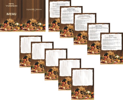 Karty menu i jadłospisy w rustykalnym stylu z motywem kosza warzyw i owoców, niektóre z wypełnioną treścią, inne puste, ułożone na białym tle.