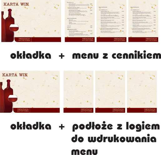 Projekt graficzny karty menu restauracji z motywem wina: okładka z butelkami i kieliszkiem wina oraz przykładowe strony menu z cenami, a także puste podłoże z logo do samodzielnego uzupełnienia...