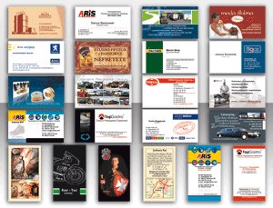 Zestaw różnorodnych projektów graficznych małych kart, prezentujących różne style, układy i branże, od architektury po motoryzację, z widocznymi detalami tekstów i logo.